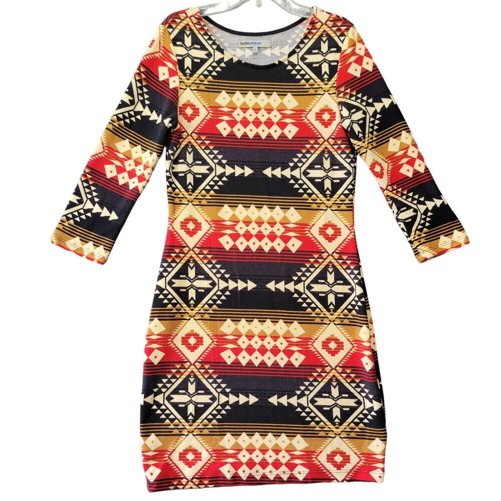 Bailey Blue Dress Black Red Geometric Floral Stretch Bodycon 3/4 Sleeves Women L